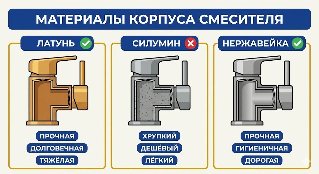 Материалы корпуса смесителя — латунь, силумин, нержавейка