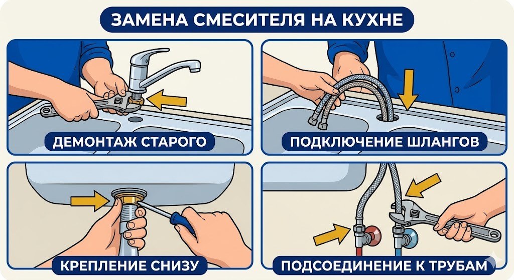 Замена смесителя на кухне — демонтаж, шланги, крепление, подключение