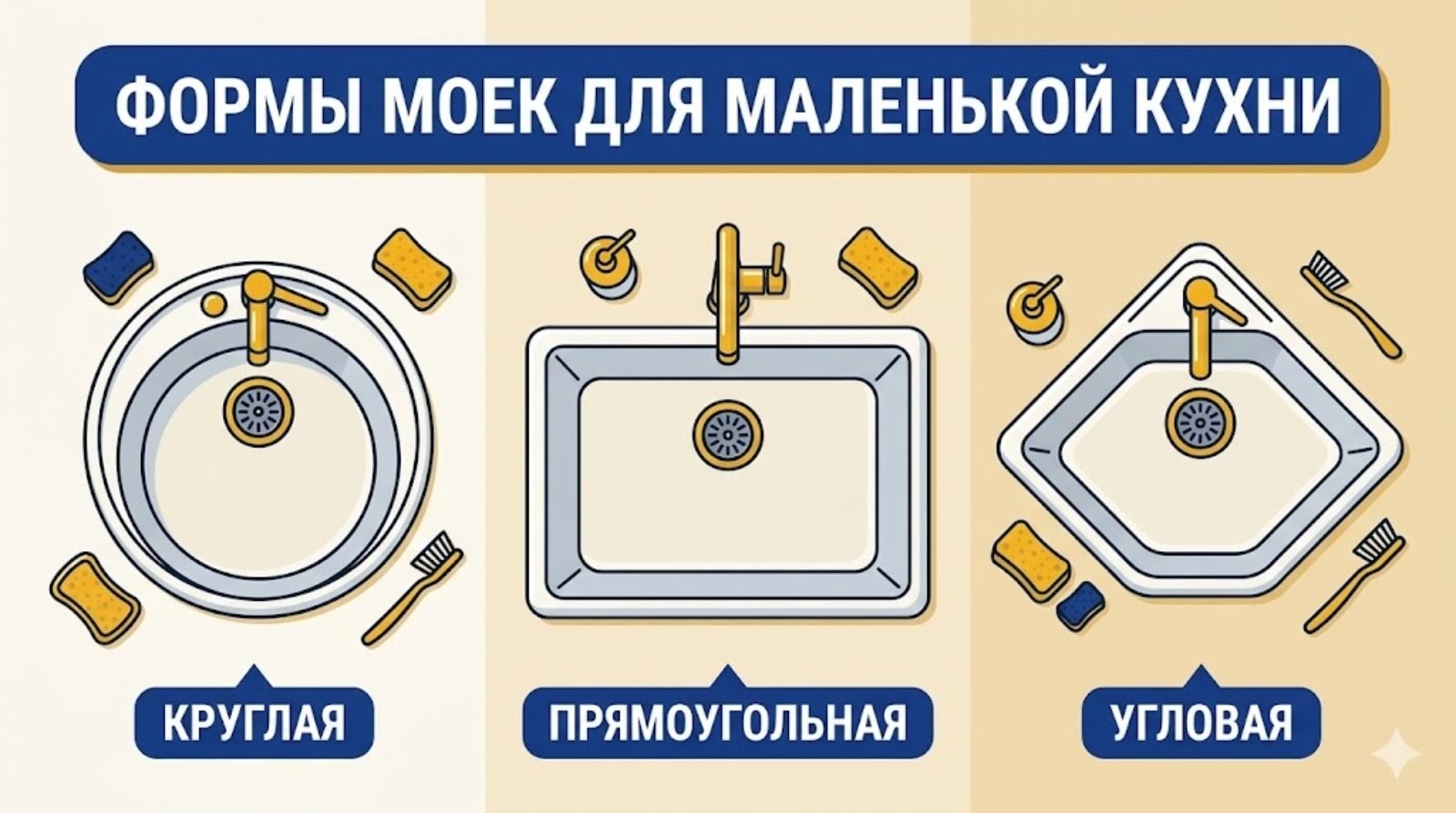 Формы моек для маленькой кухни — круглая, прямоугольная, угловая
