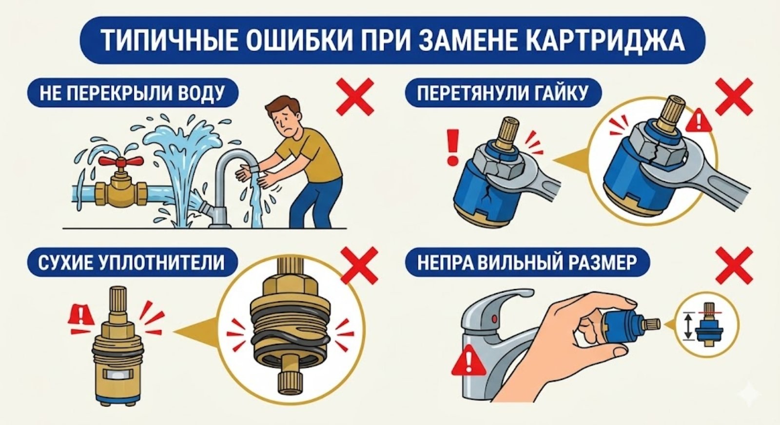 Типичные ошибки при замене картриджа смесителя — неправильный диаметр, перетяжка гайки, отсутствие смазки