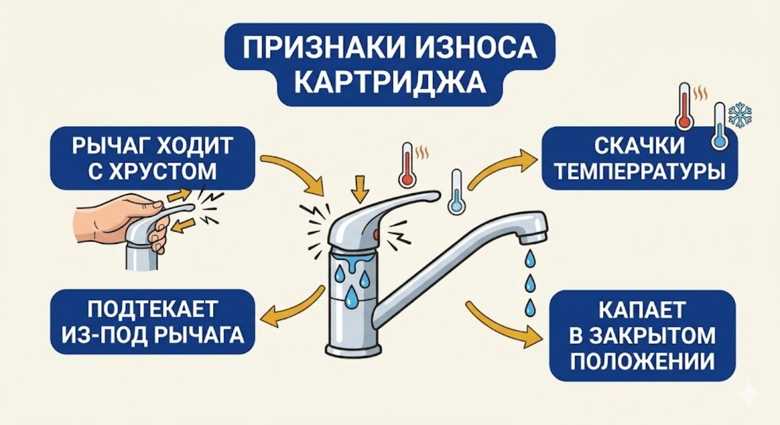 Признаки износа картриджа однорычажного смесителя — подтекание, тугой ход, нестабильная температура