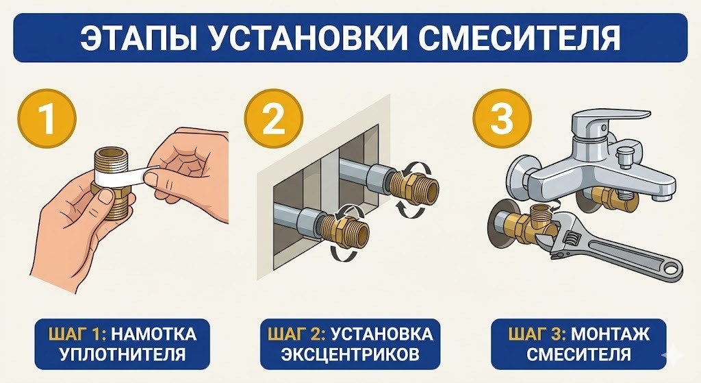 Три этапа установки смесителя: намотка уплотнителя, установка эксцентриков, монтаж смесителя