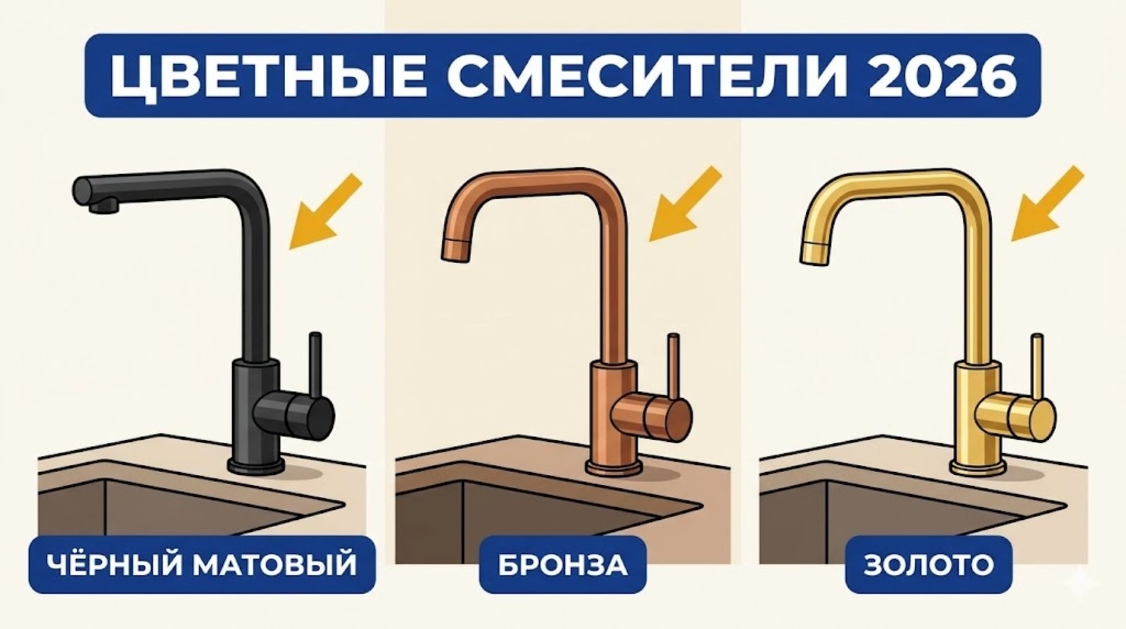 Цветные смесители 2026 — чёрный, бронза, золото