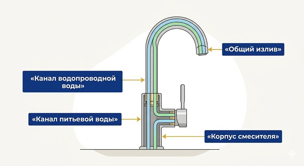 Смеситель с двумя каналами — обычная вода и питьевая