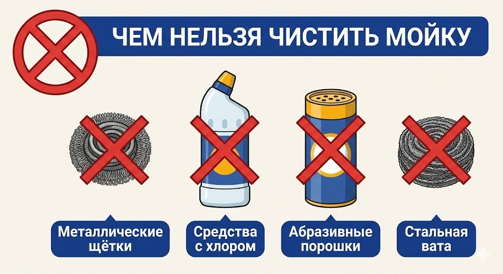 Чем нельзя чистить мойку — металлические щётки, хлор, абразивные порошки, стальная вата