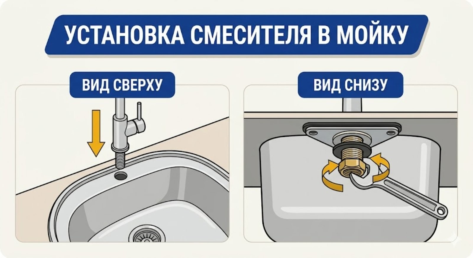 Пошаговая установка кухонного смесителя в монтажное отверстие мойки — вид сверху и снизу