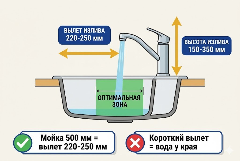Инфографика: как правильно подобрать вылет и высоту излива смесителя под размер кухонной мойки — оптимальные расстояния и зоны попадания воды