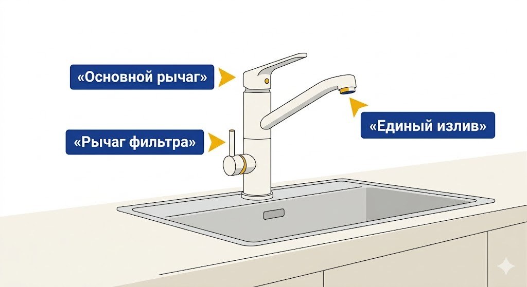 Однорычажный смеситель с отдельным краном для питьевой воды на столешнице