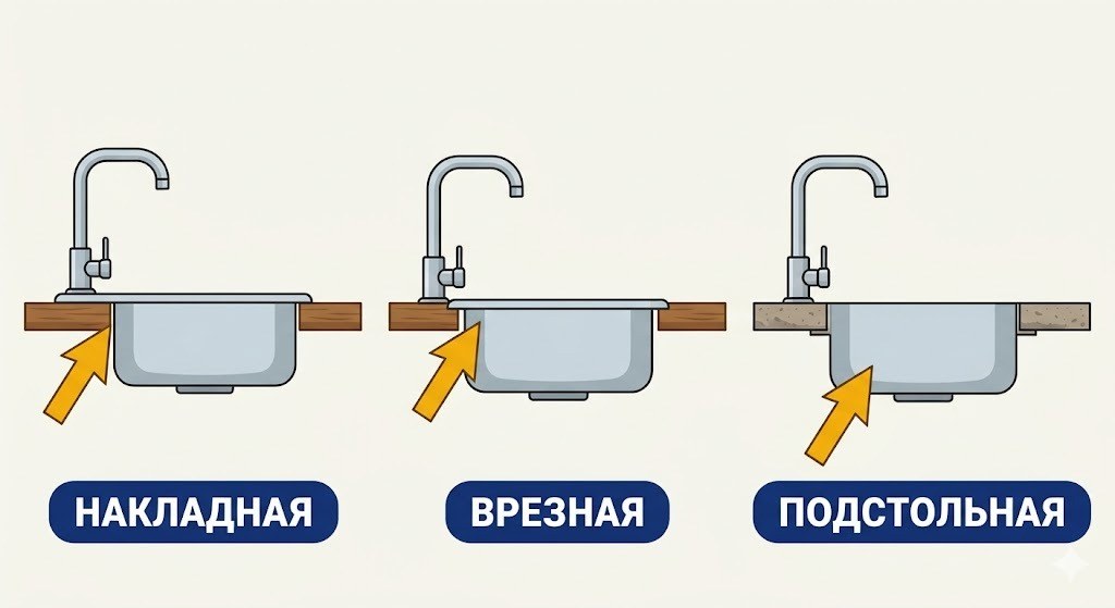 Типы монтажа кухонных моек: накладная, врезная, подстольная