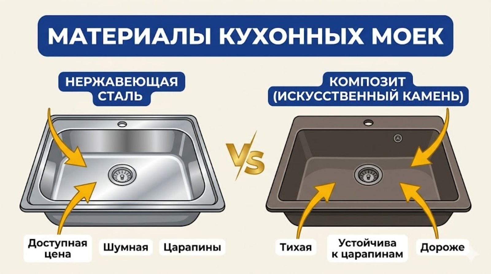 Материалы кухонных моек — нержавейка и композит