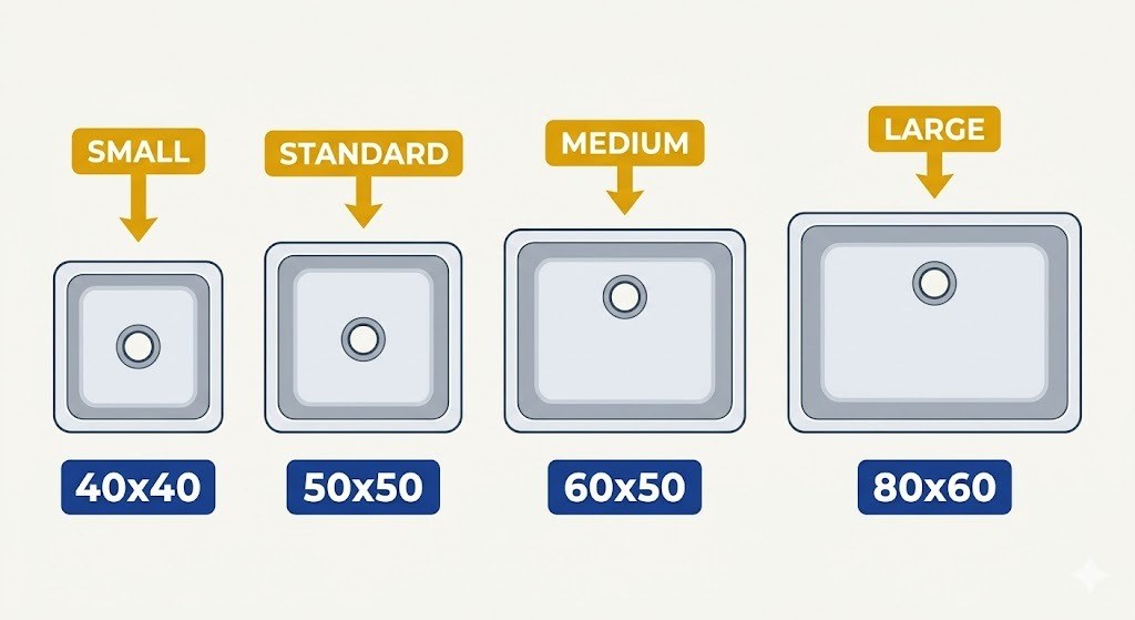 Сравнение размеров кухонных моек: малая 40x40, стандартная 50x50, средняя 60x50, большая 80x60