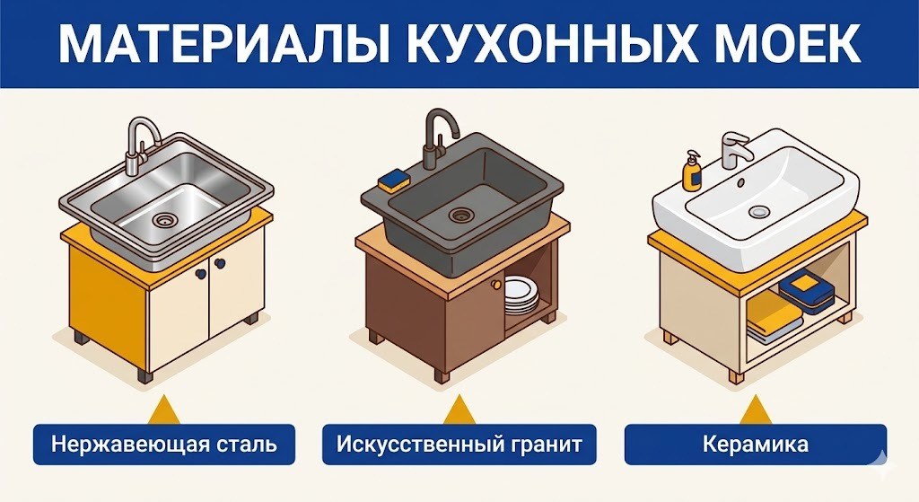 Три кухонные мойки из разных материалов: нержавеющая сталь, искусственный гранит и керамика