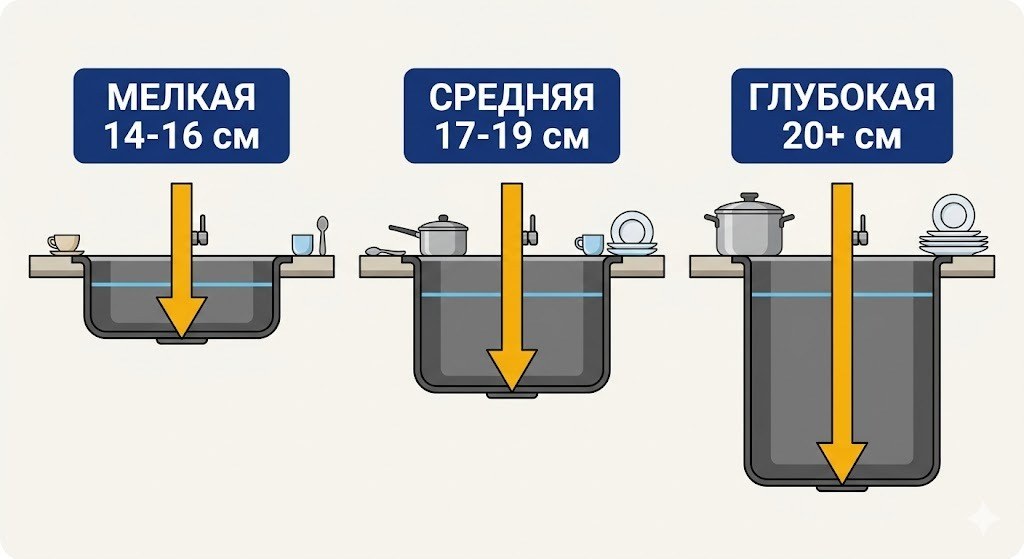 Сравнение глубины кухонных моек: мелкая 14-16 см, средняя 17-19 см, глубокая 20+ см
