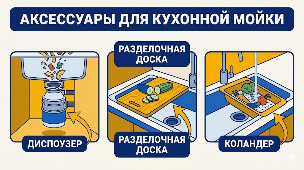 Аксессуары для кухонной мойки: диспоузер, разделочная доска, коландер