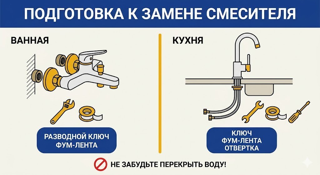 Подготовка к замене смесителя — инструменты для ванной и кухни
