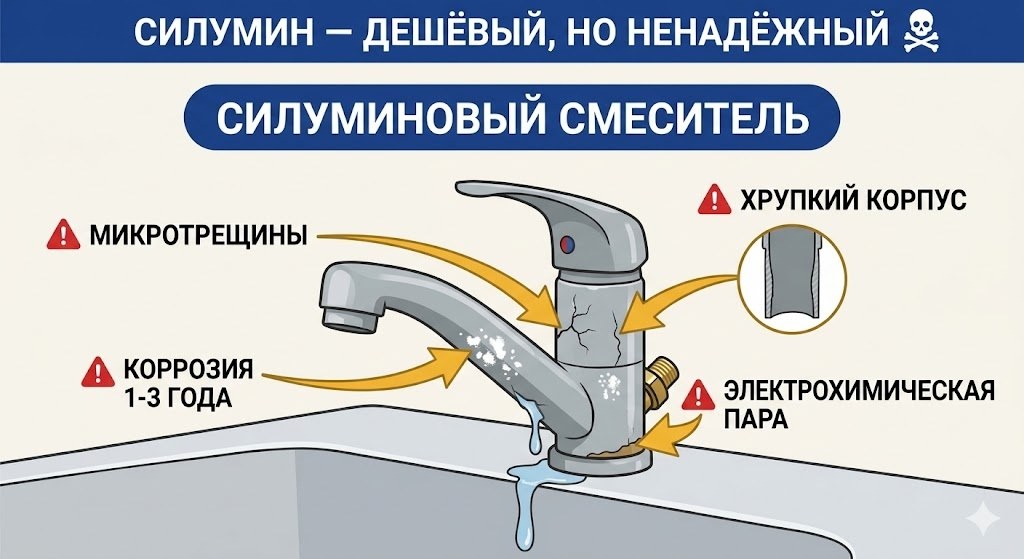 Силуминовый смеситель с трещинами и коррозией