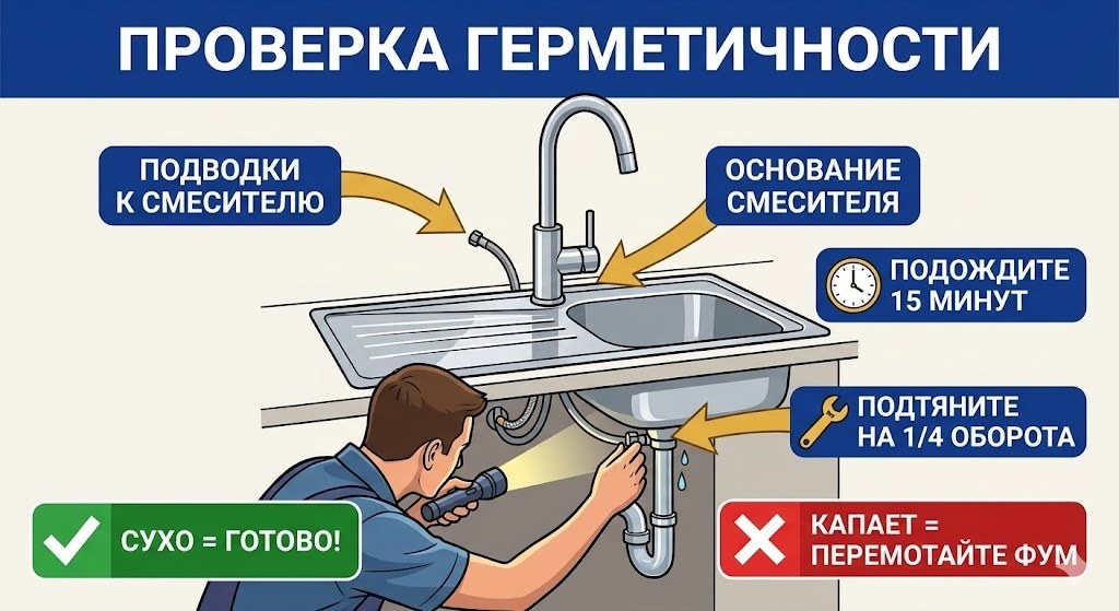 Проверка герметичности после установки смесителя