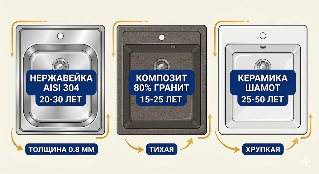 Сравнение материалов кухонных моек: нержавеющая сталь AISI 304, композит с 80% гранита и керамика — инфографика с характеристиками