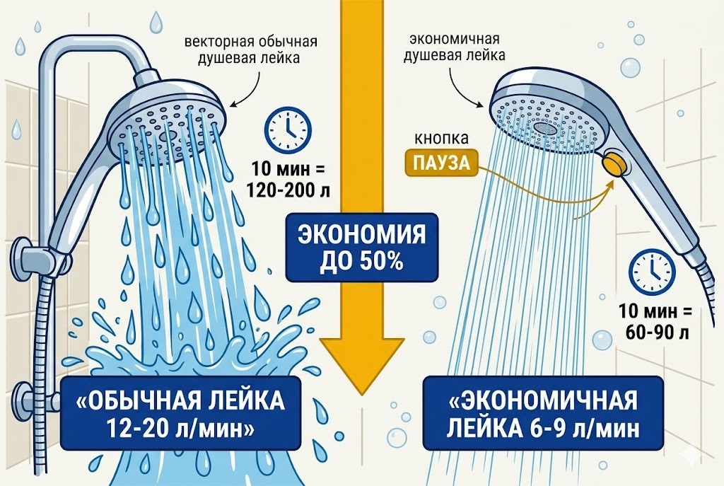 Сравнение душевых леек: обычная лейка 12-20 л/мин vs экономичная лейка 6-9 л/мин с кнопкой паузы — экономия до 50%