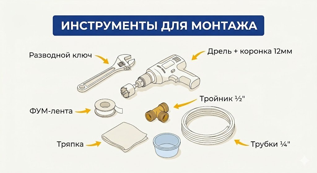Инструменты для подключения фильтра: разводной ключ, ФУМ-лента, тройник-адаптер