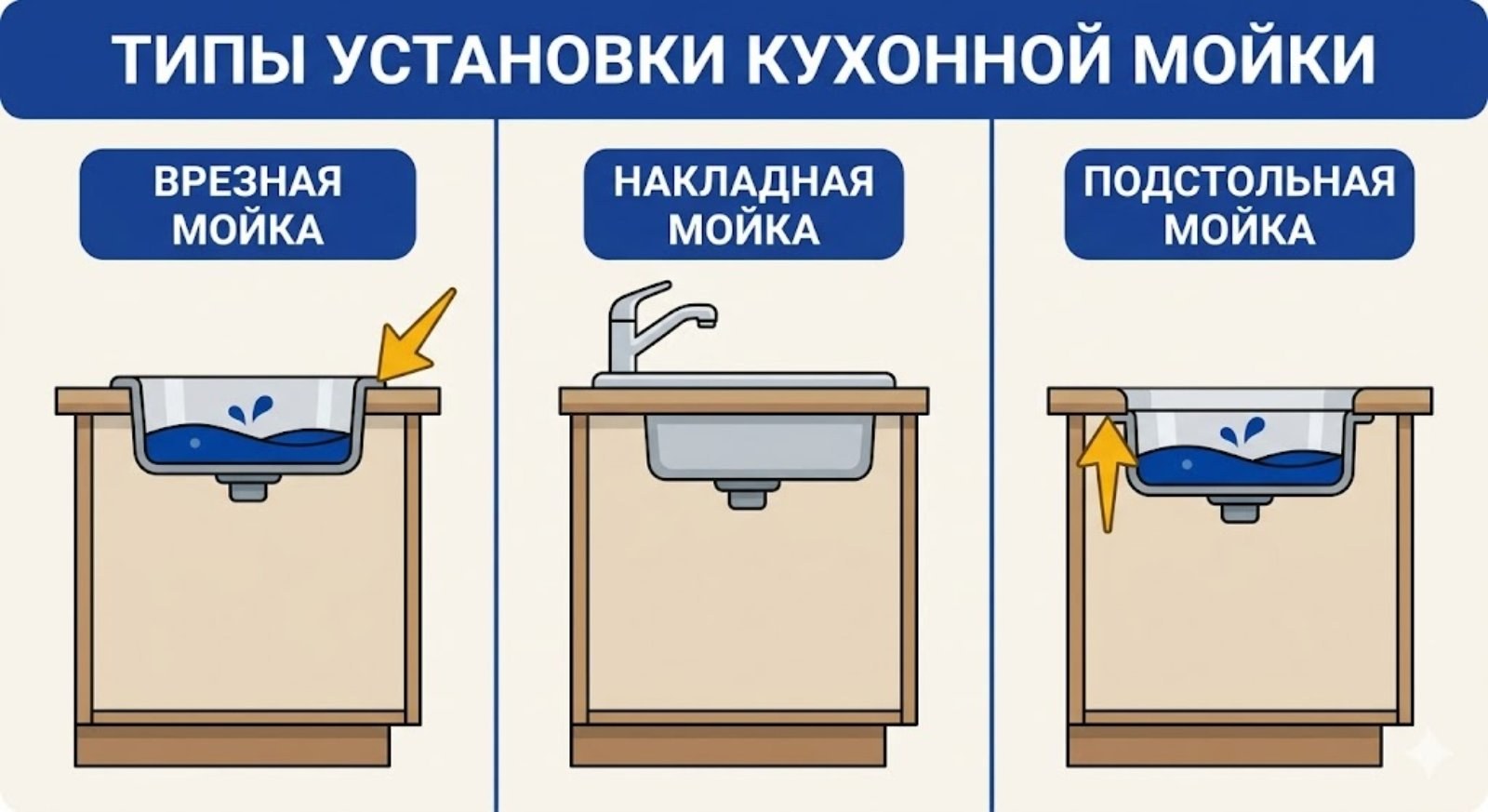 Три типа установки кухонной мойки — врезная, накладная и подстольная — схема сравнения