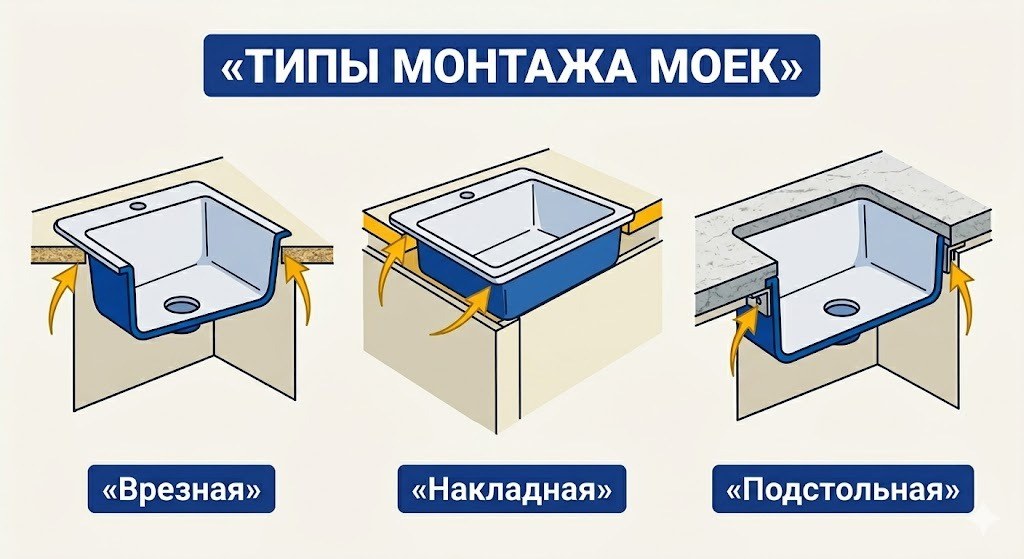 Три типа монтажа кухонных моек: врезная, накладная и подстольная