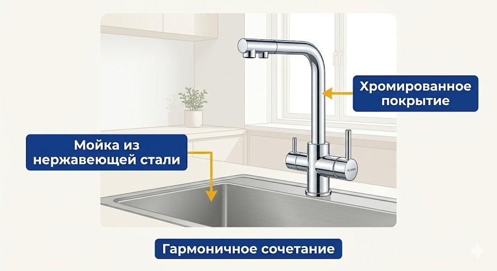 Хромированный смеситель на мойке из нержавеющей стали