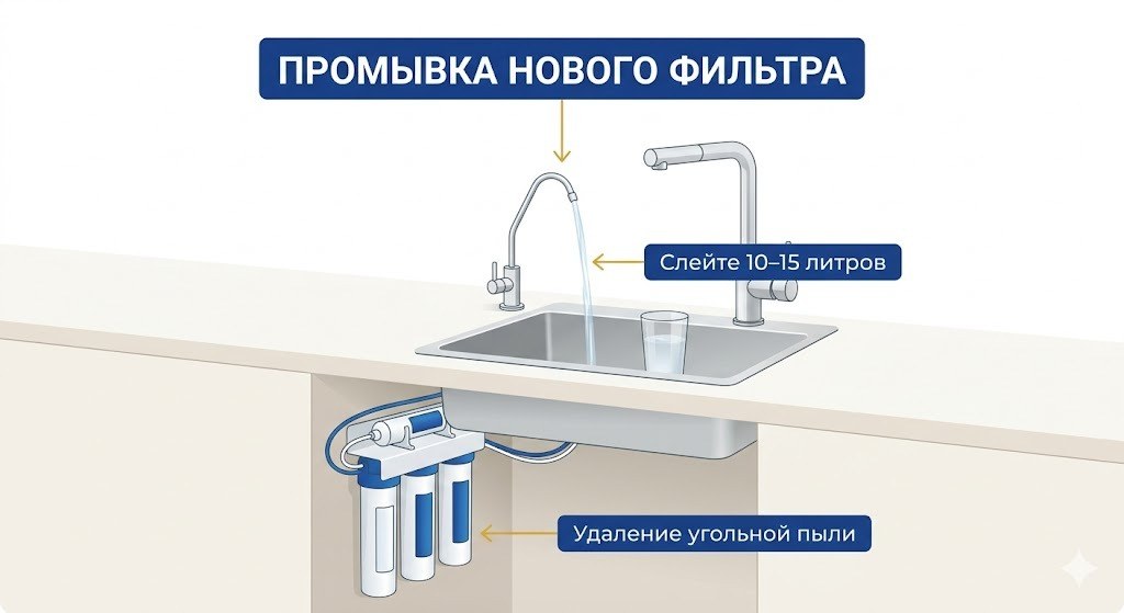 Вода льётся из кухонного смесителя в мойку — промывка фильтра после установки