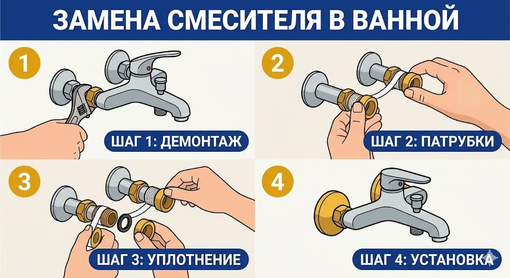 Этапы замены смесителя в ванной — демонтаж, патрубки, уплотнение, установка