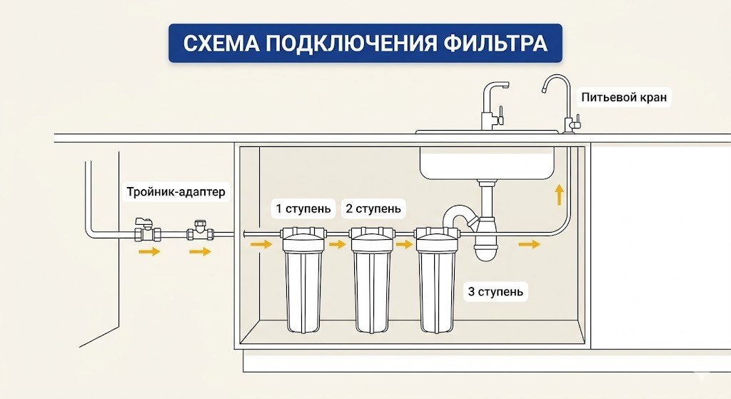 Трёхступенчатый проточный фильтр установленный под кухонной мойкой