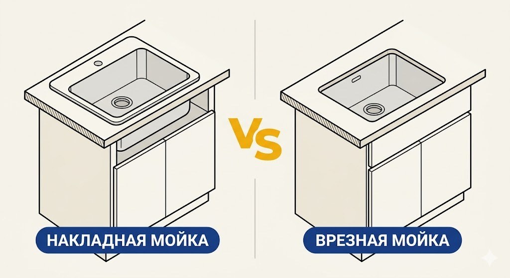 Сравнение накладной и врезной мойки