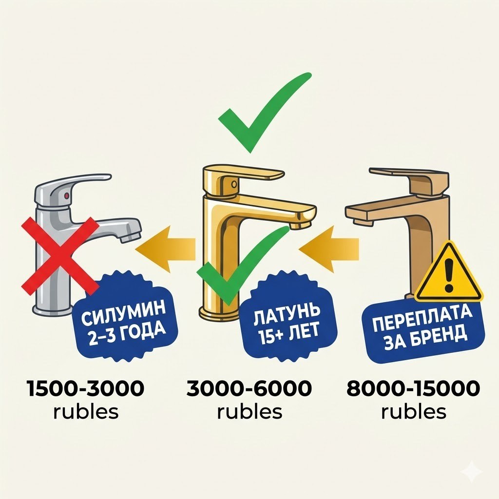Три ценовых сегмента сантехники: бюджетный, средний и премиум — инфографика с характеристиками и сроками службы