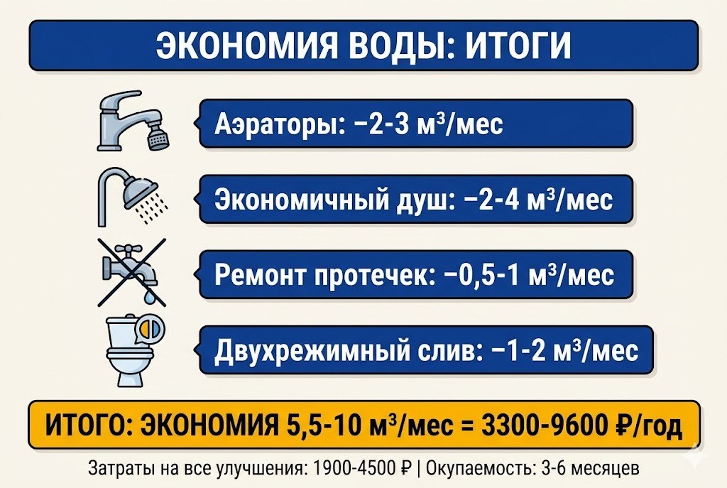 Инфографика экономии воды: аэраторы −2-3 м³/мес, экономичный душ −2-4 м³/мес, ремонт протечек −0,5-1 м³/мес, двухрежимный слив −1-2 м³/мес — итого экономия 3300-9600 ₽/год