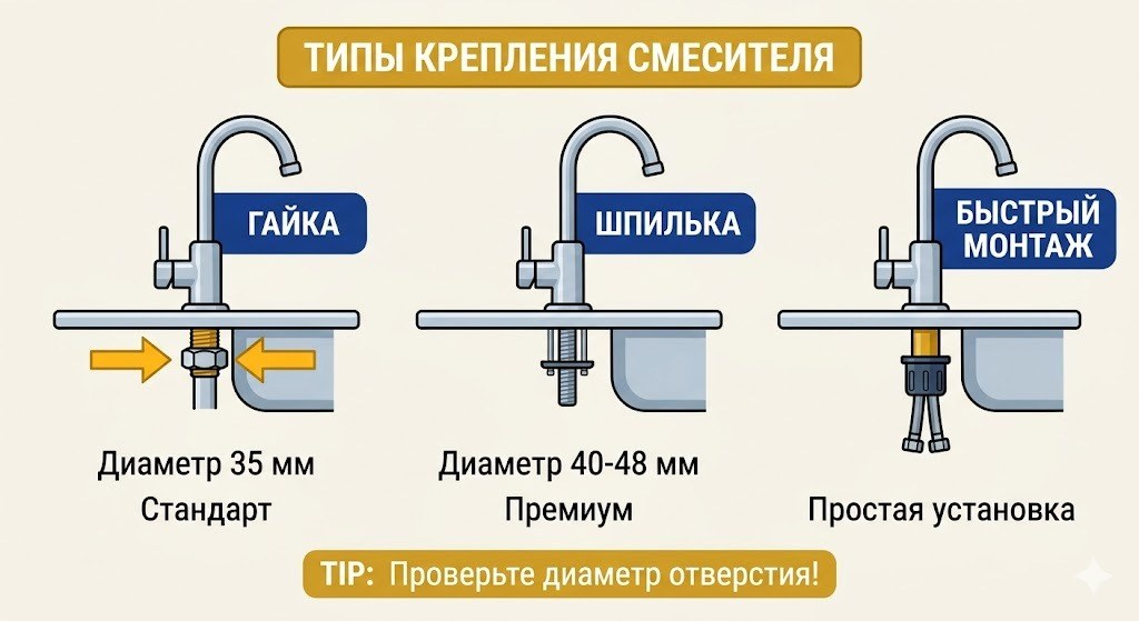 Типы крепления смесителя к мойке и столешнице: гайка, шпилька, быстромонтажная система — как проверить совместимость перед покупкой