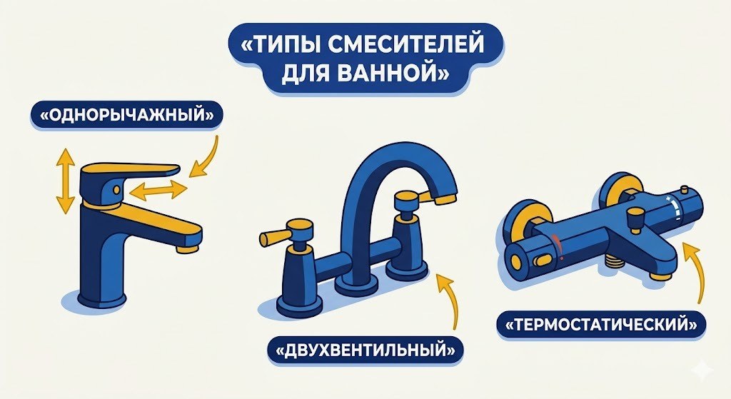 Типы смесителей: однорычажный, двухвентильный, термостатический