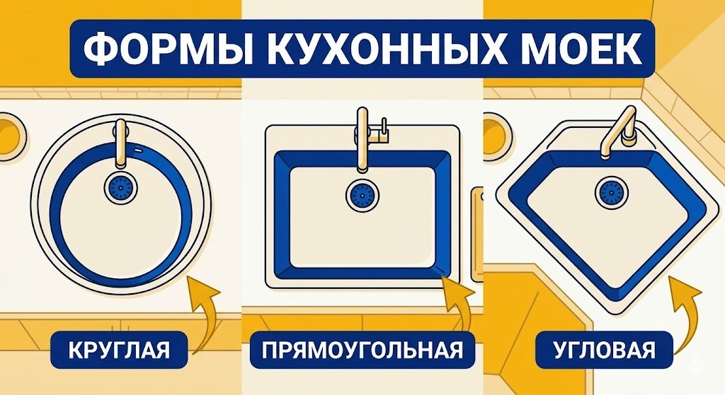Формы кухонных моек: круглая, прямоугольная, угловая, с крылом