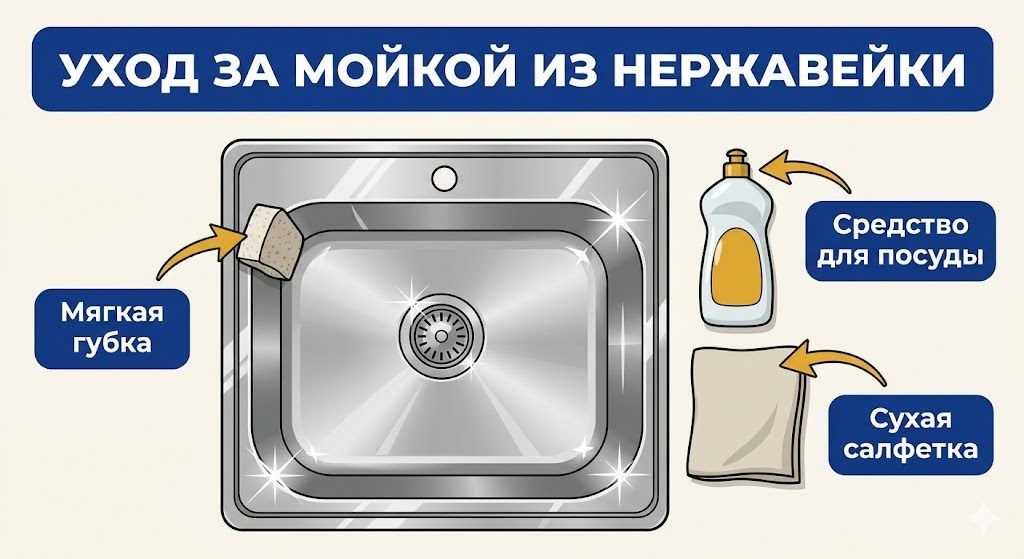 Уход за мойкой из нержавейки — средства и губка для чистки
