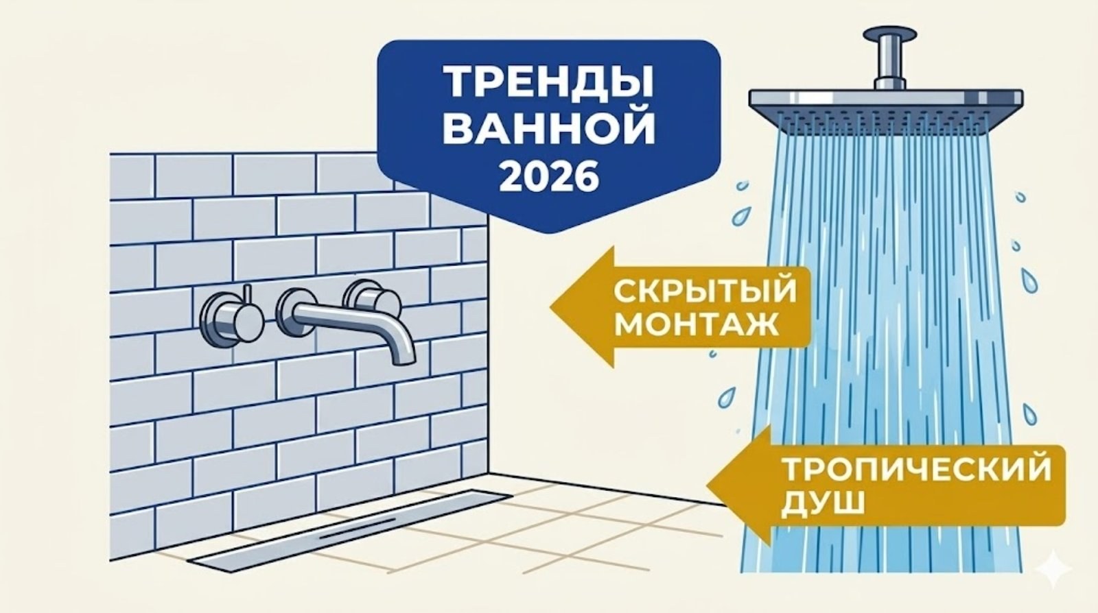 Тренды ванной комнаты 2026 — скрытый монтаж и тропический душ