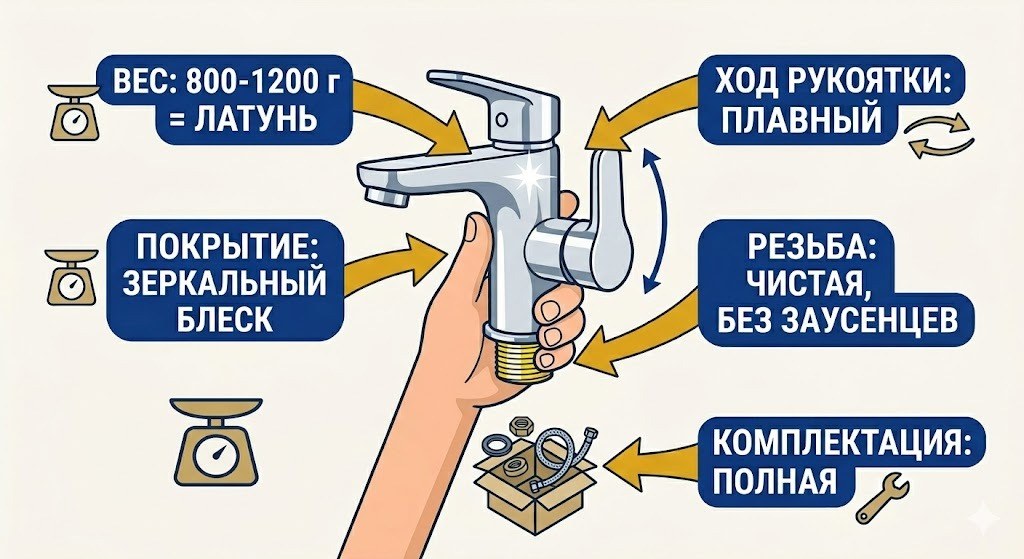 Чек-лист проверки качества смесителя: вес, покрытие, ход рукоятки, резьба и комплектация