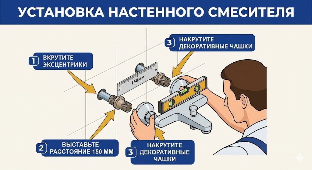 Установка настенного смесителя в ванной с эксцентриками