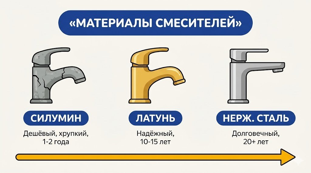 Сравнение материалов смесителей: силумин, латунь, нержавеющая сталь