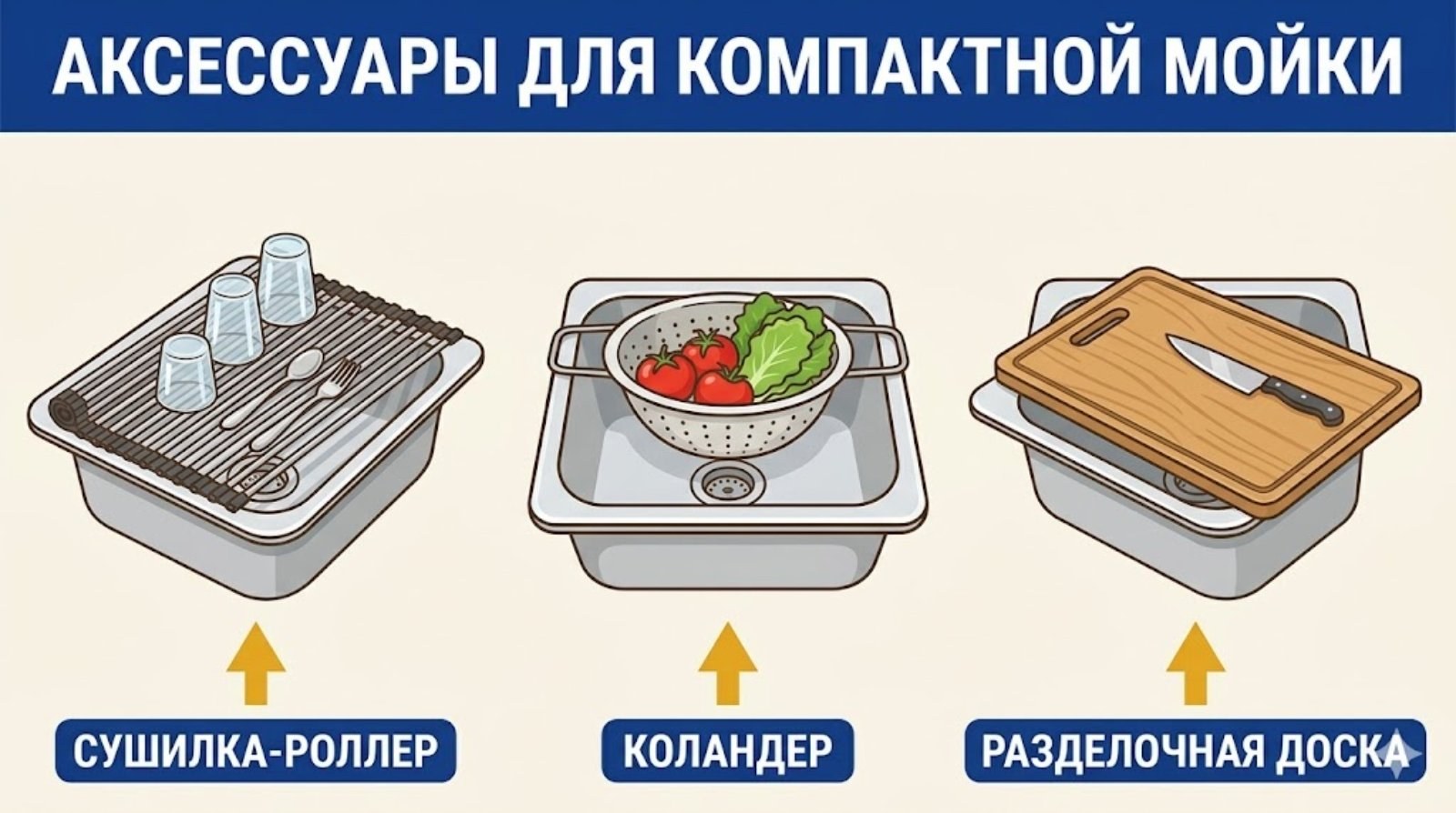Аксессуары для компактной мойки — сушилка-роллер, коландер, разделочная доска