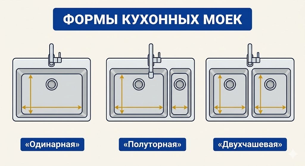 Размеры и конфигурации кухонных моек: одинарная, полуторная и двойная
