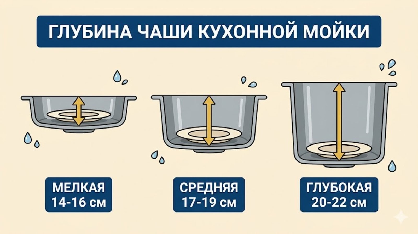 Глубина чаши кухонной мойки — мелкая, средняя, глубокая