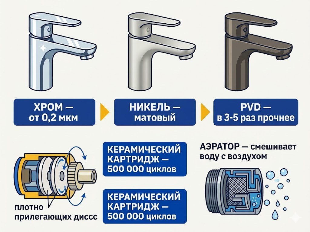 Покрытия смесителей и внутренние механизмы: хром, никель, PVD-покрытие, керамический картридж и аэратор — инфографика