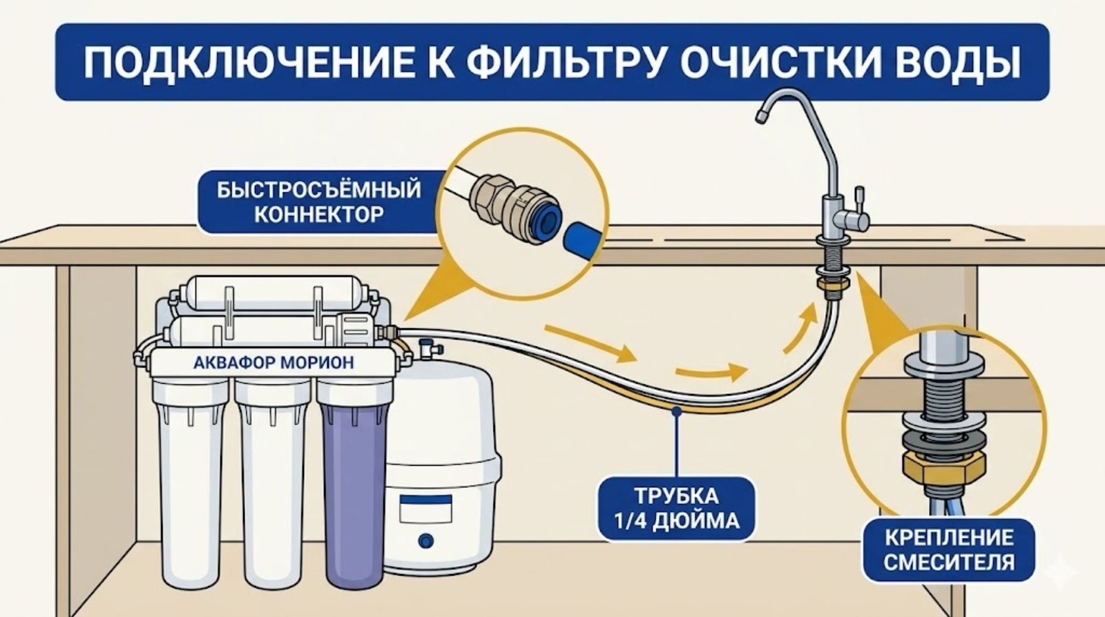 Подключение трубки смесителя к фильтру очистки воды