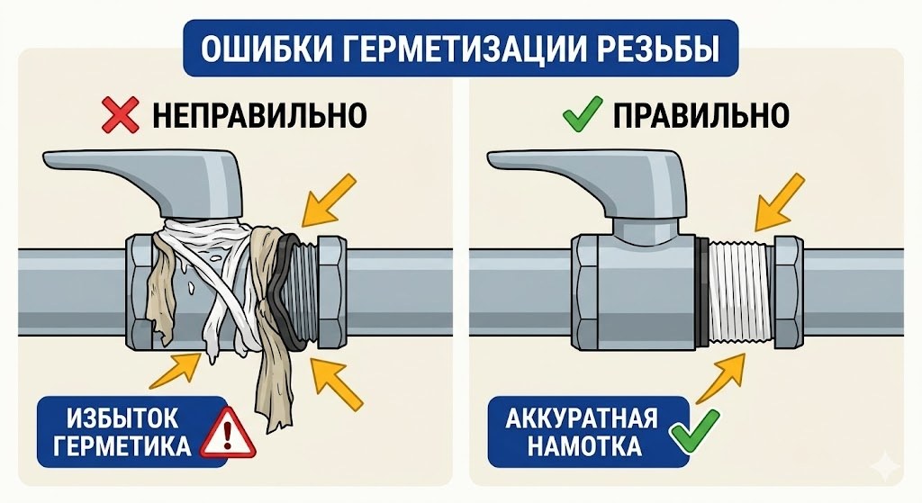 Ошибки при установке смесителя — перетяжка соединений и неправильная герметизация