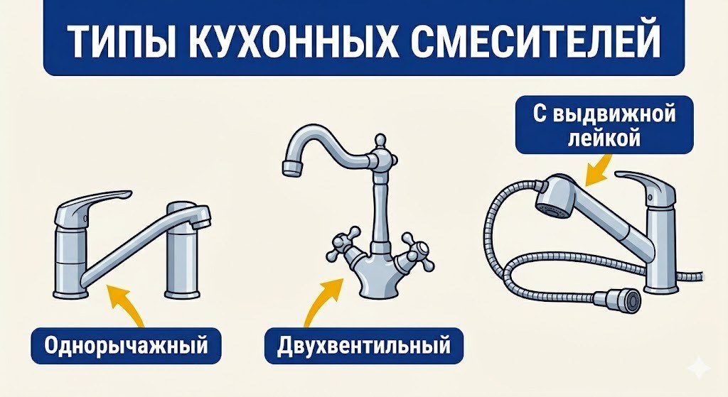 Типы кухонных смесителей — однорычажный, двухвентильный, с выдвижной лейкой