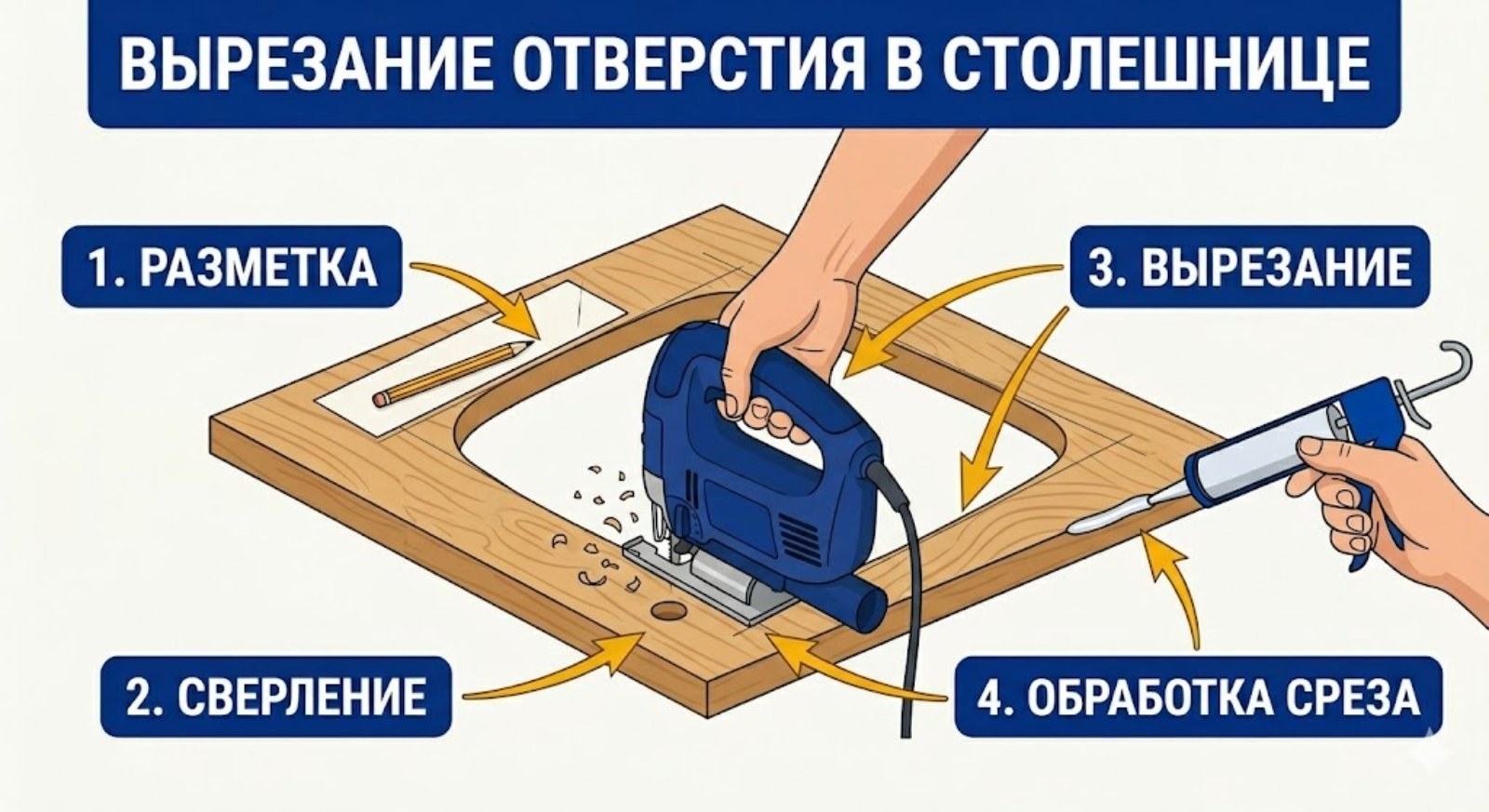 Вырезание отверстия для мойки в столешнице электролобзиком — пошаговый процесс