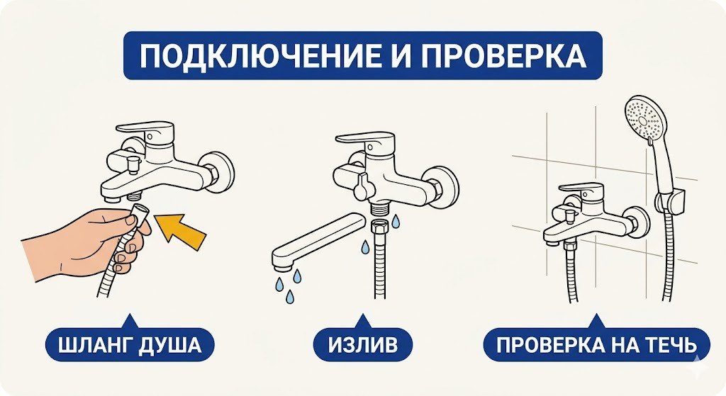 Подключение душевого шланга, излива и проверка смесителя на герметичность